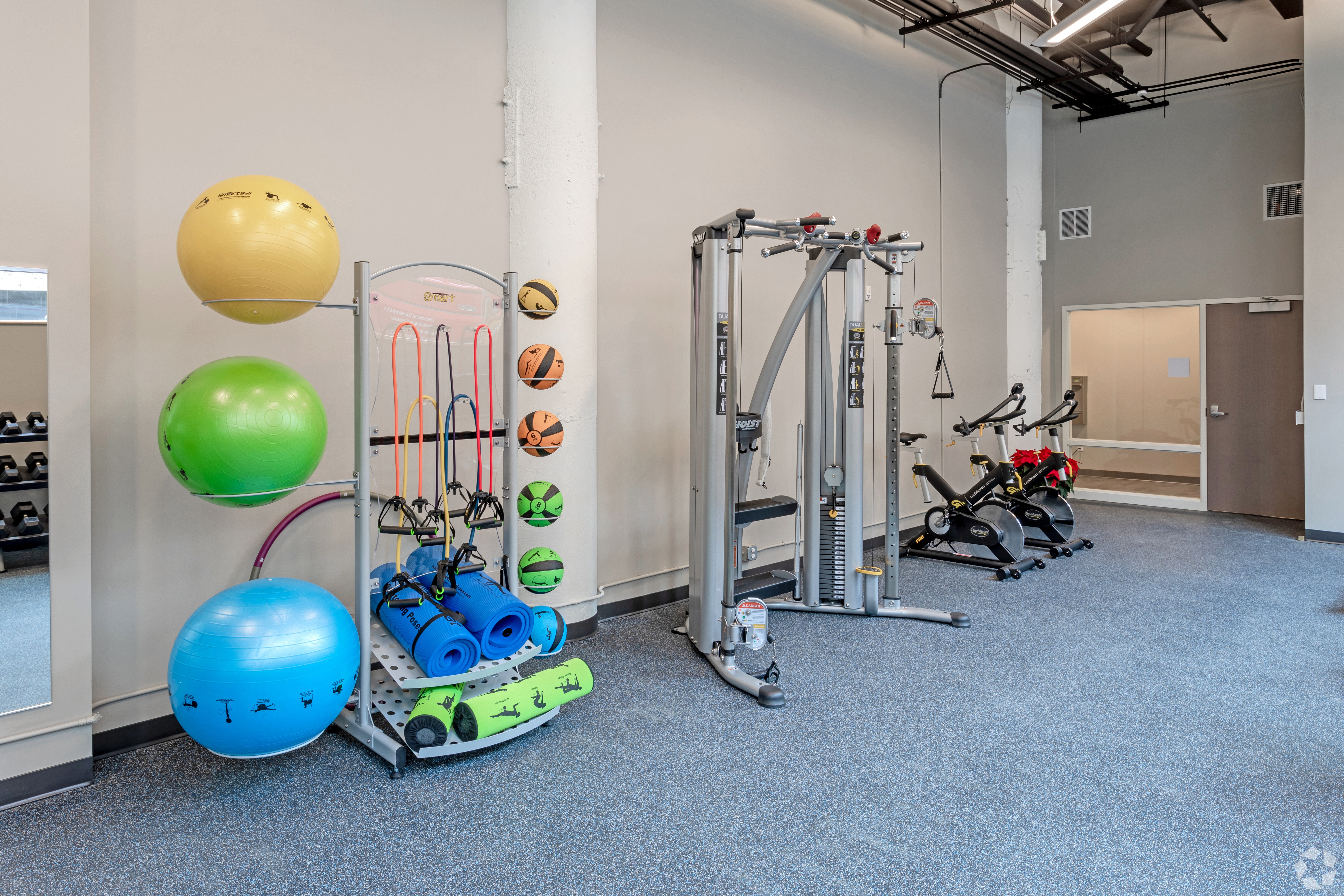 A gym with a variety of equipment including a leg press machine, a rowing machine, and a TRX suspension trainer.